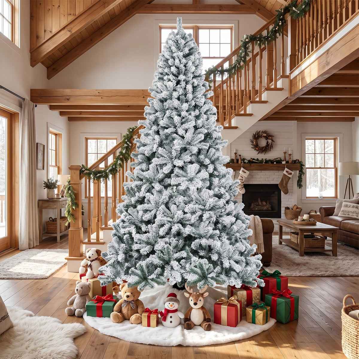 Snow-flocked Christmas tree surrounded by plush toys and wrapped gifts in a wood-beamed living room.