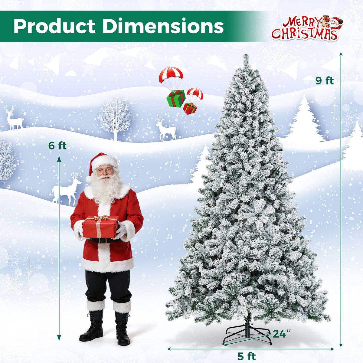 Snow-flocked Christmas tree shown beside Santa against a snowy illustrated background, with dimension arrows.