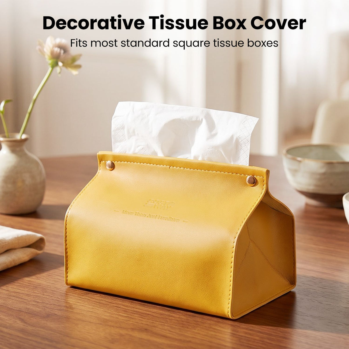 Mustard-yellow tissue box cover with a white tissue emerging, displayed on a wooden table.