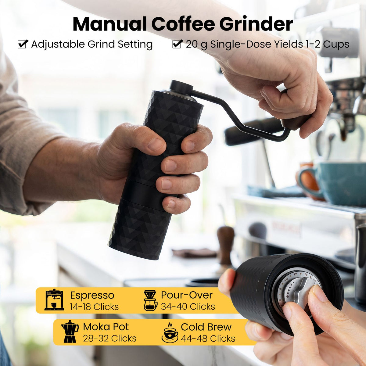 Hands turning a black manual coffee grinder, with a close-up view of its grinding mechanism below.