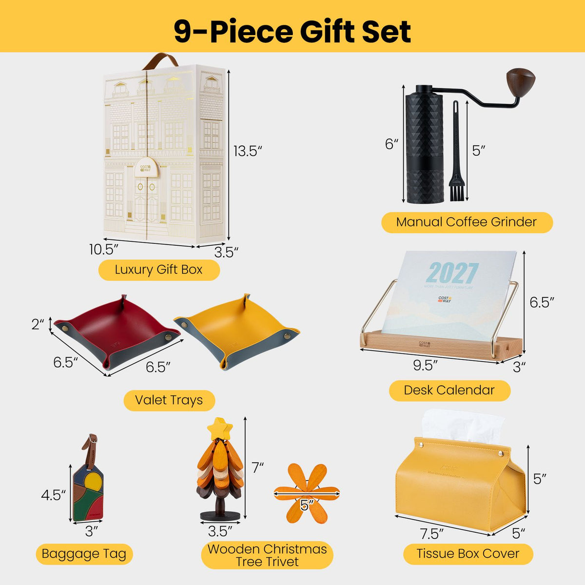 Graphic showing the gift box and individual set pieces with measurement arrows.