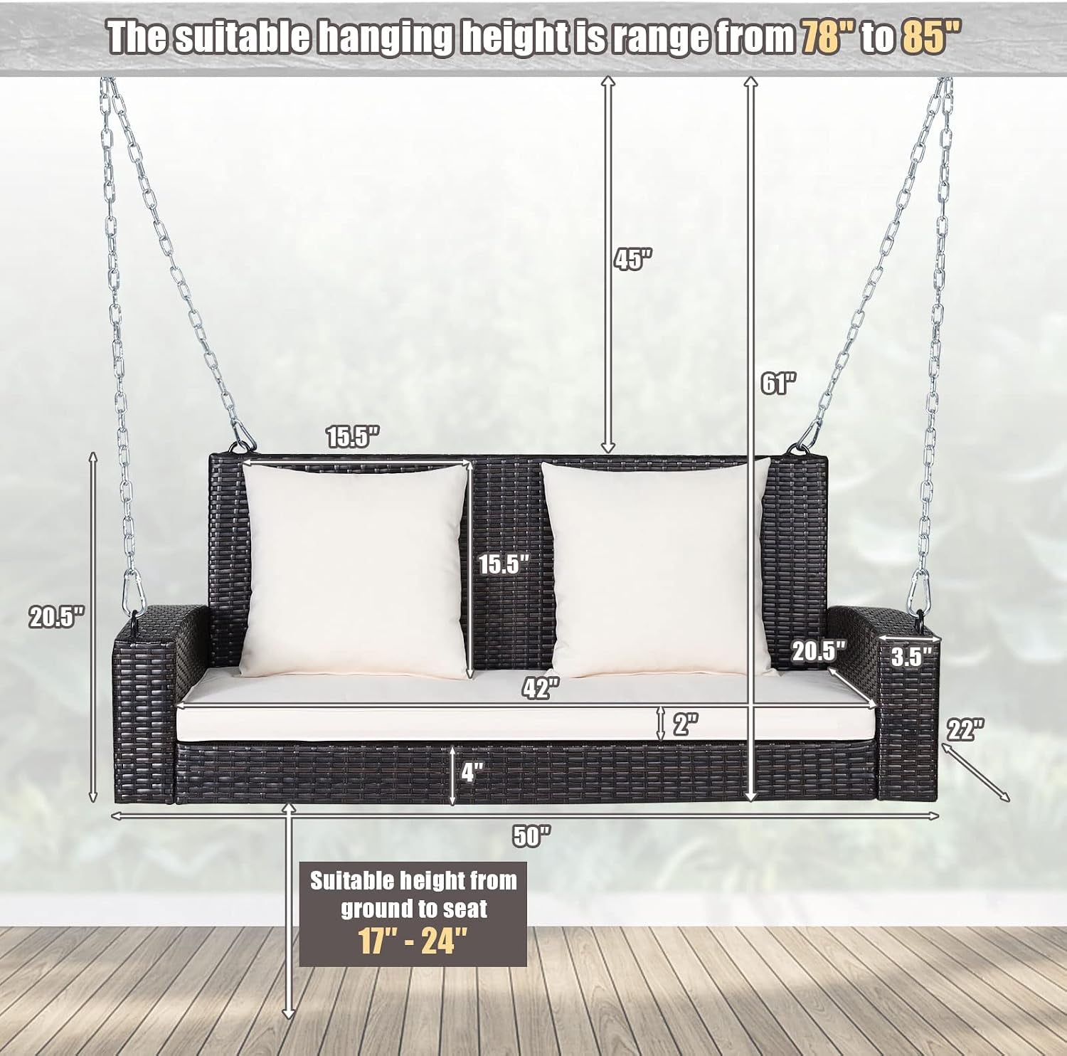 Front view of a two-person wicker hanging porch swing with measurement arrows and chains visible.