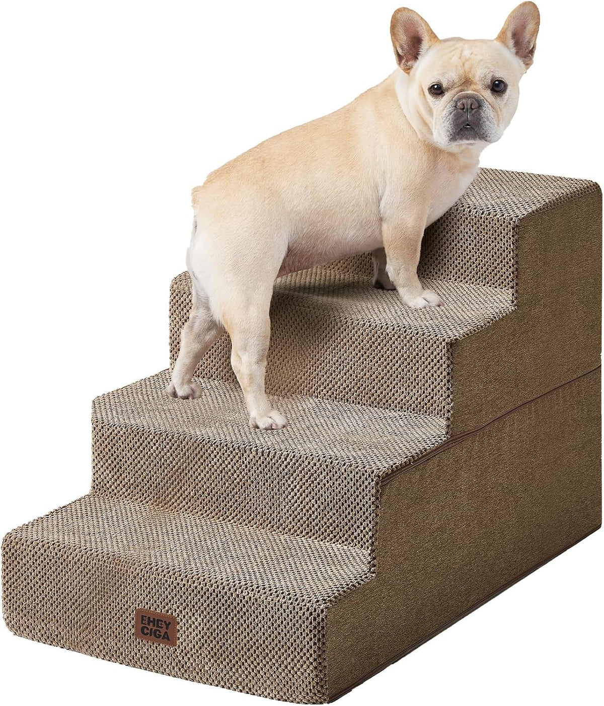 Angled side view of brown textured four-step stairs with a cream French bulldog standing near the top step