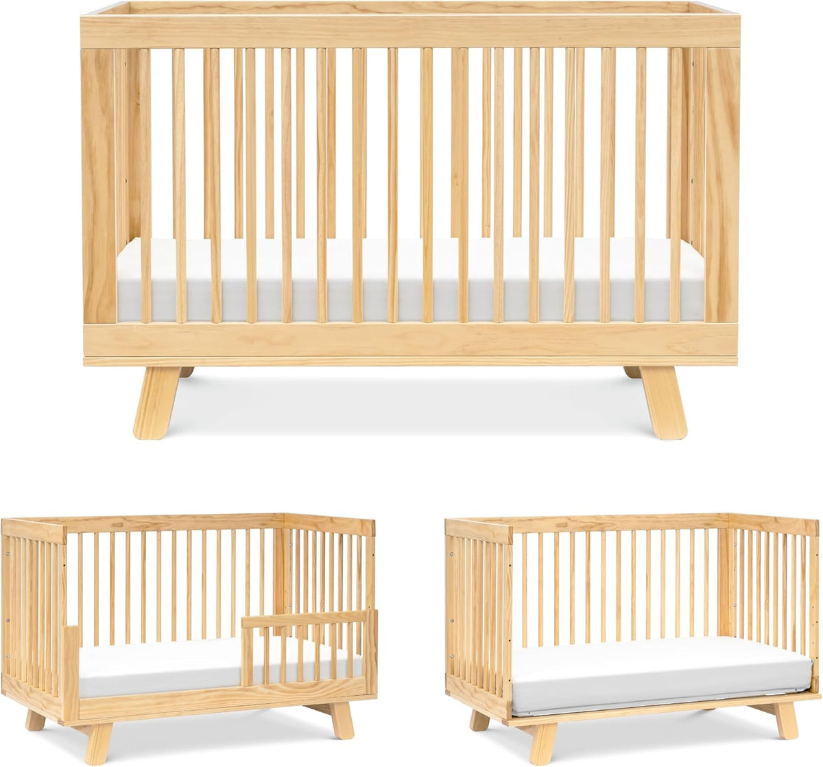 Natural light wood crib shown front and smaller images below converting to toddler bed and daybed.
