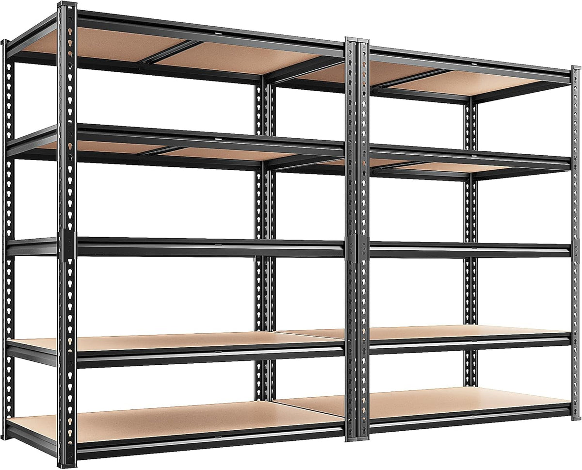 Pair of black metal five-tier shelving units shown against a white background