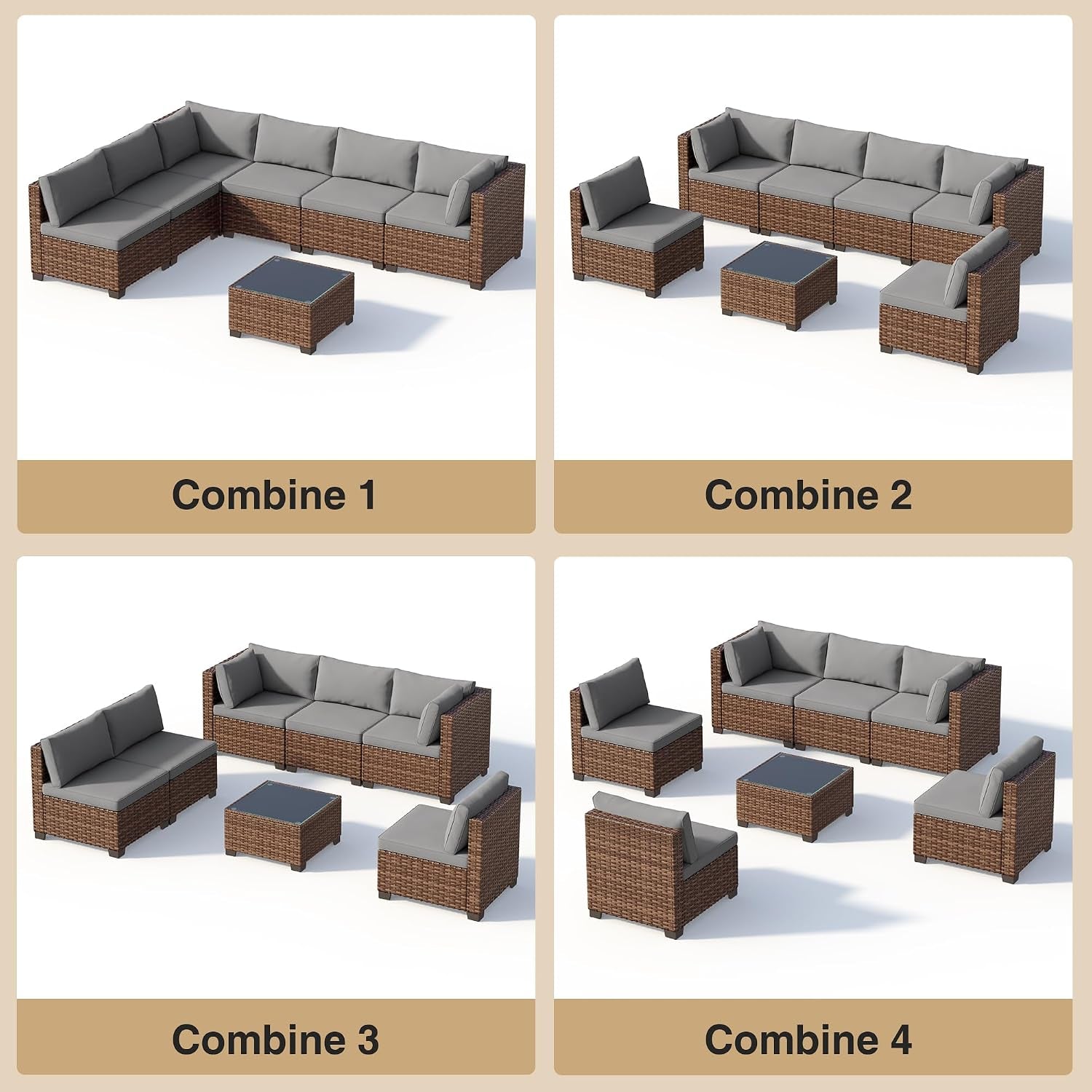Four example layout combinations of the modular rattan sectional and glass-top coffee table on a white background