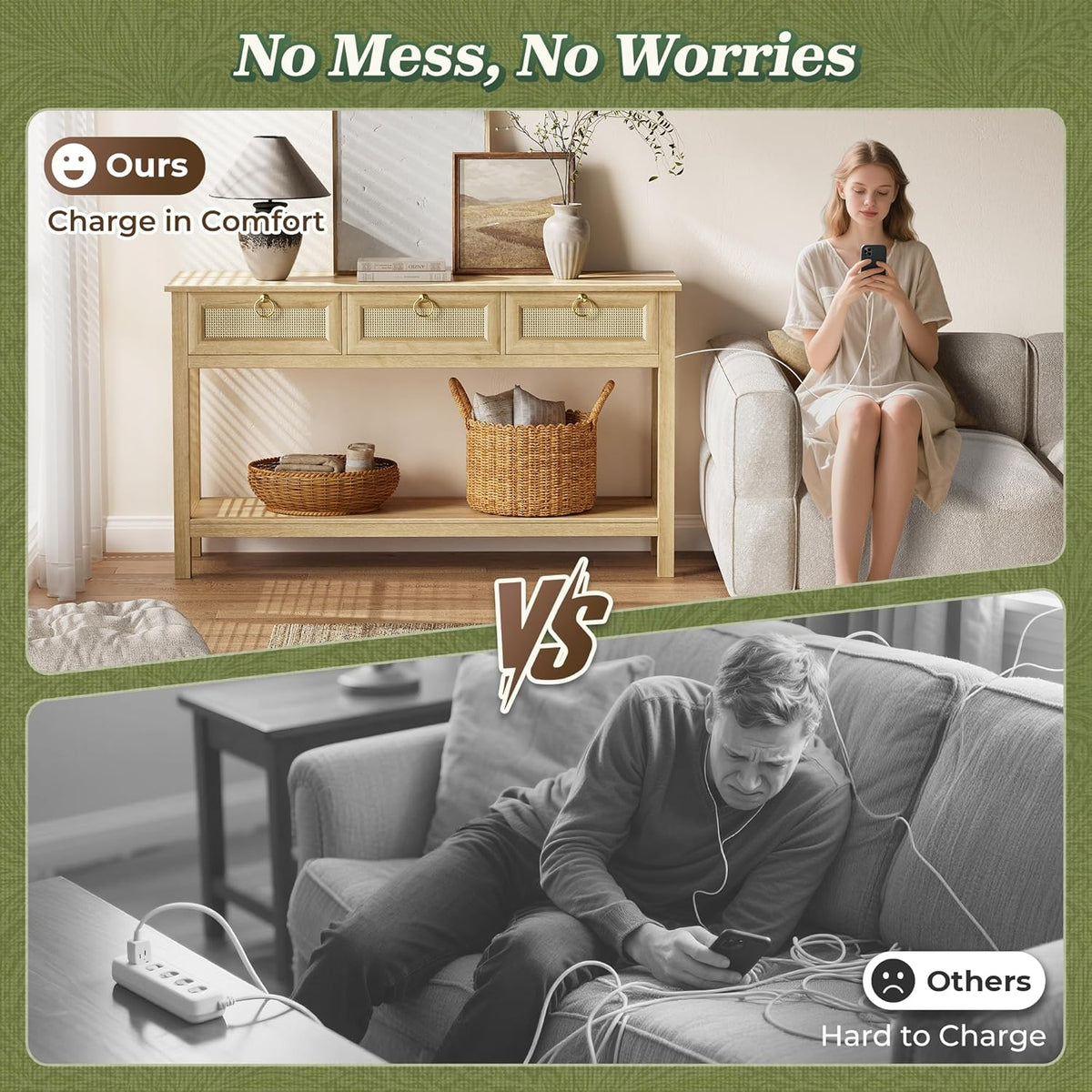 Lifestyle comparison graphic showing the console table keeping cords tidy beside a messy charging scene on a couch