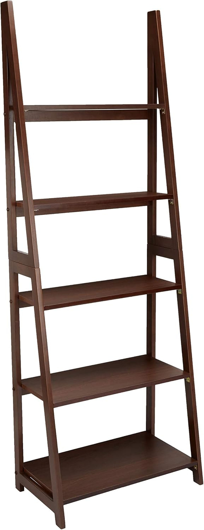 Angled side-front view of an espresso five-tier ladder bookshelf showing stepped shelves and tapered side rails.