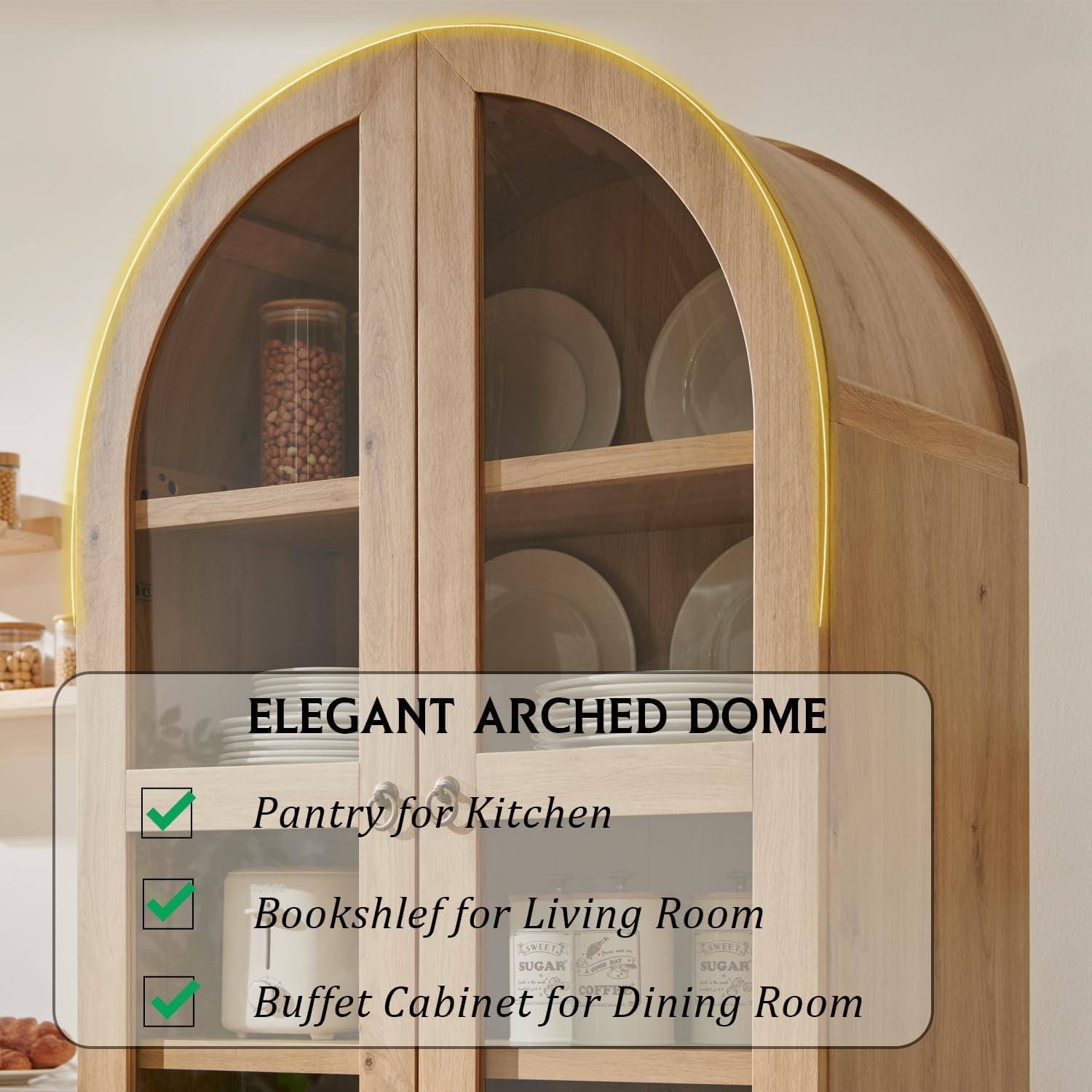 Close-up of the cabinet's arched dome top and glass doors showing the curved profile and wood grain