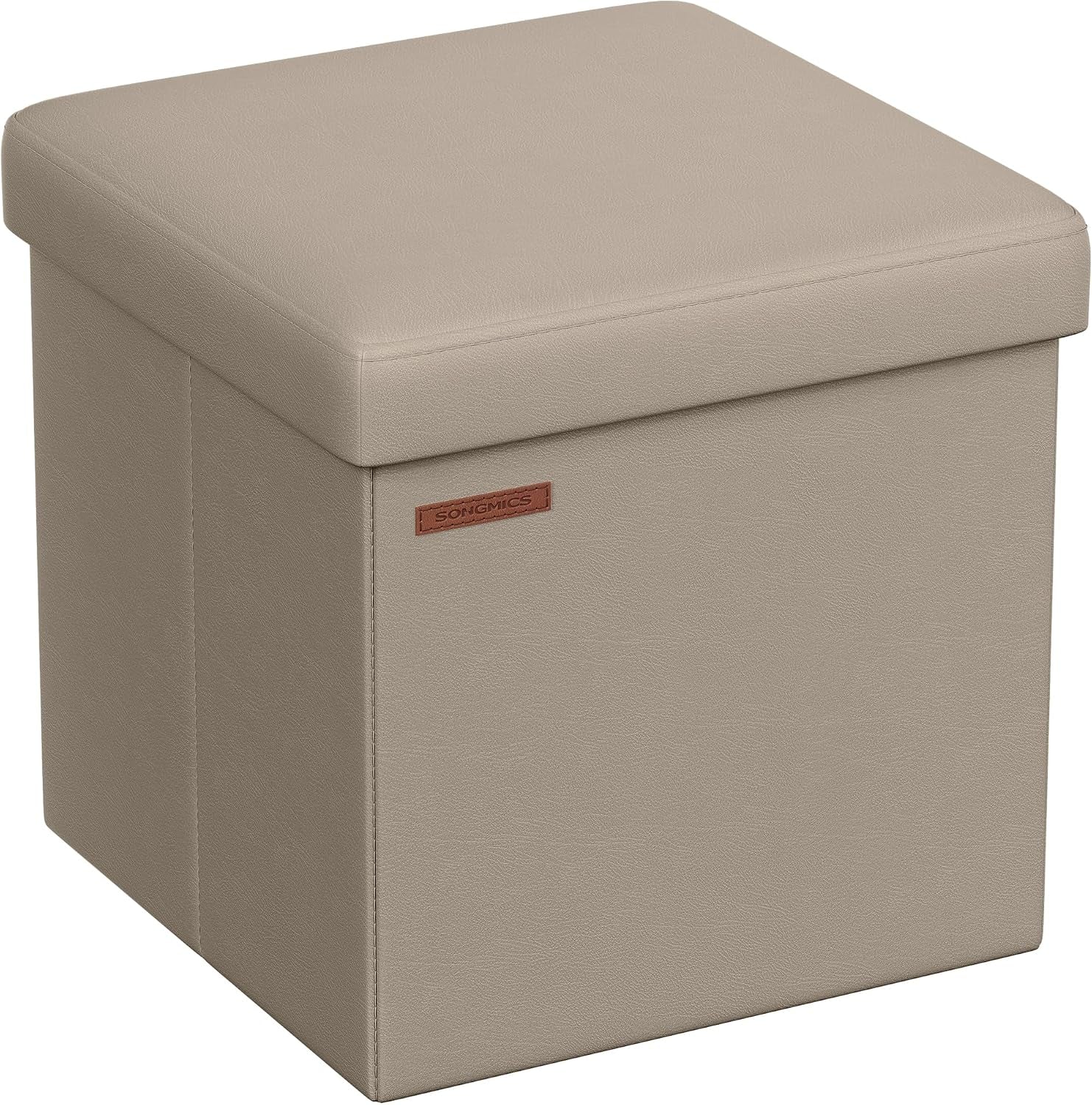 Taupe synthetic leather square storage ottoman shown at a three-quarter angle on a white background.