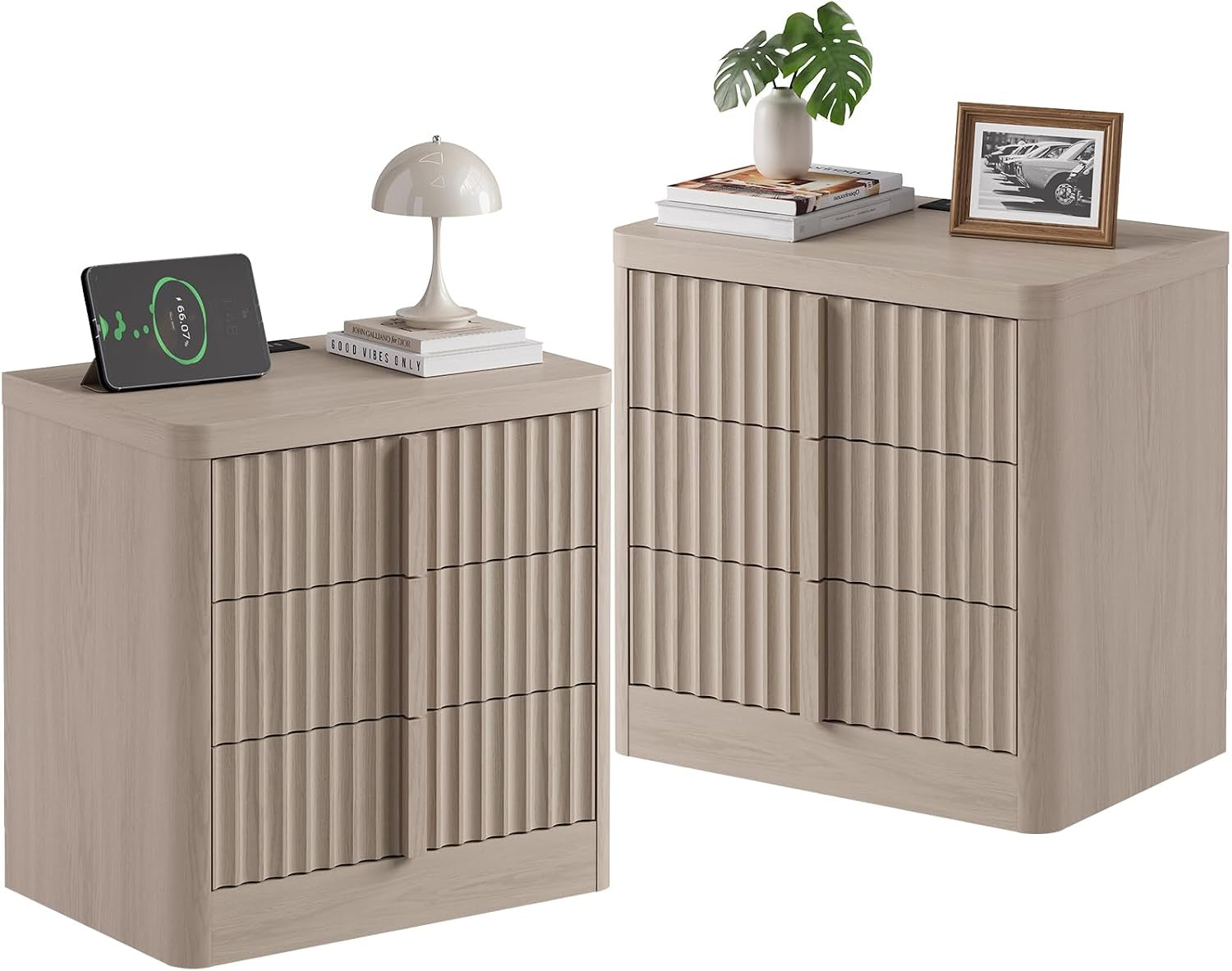 Two light-wood fluted nightstands on white background, one showing tabletop charging phone