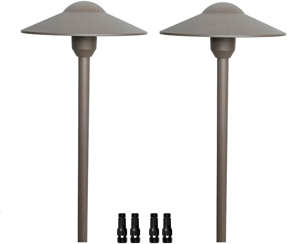 Two identical pathway lights shown upright with four small black wire connectors arranged below.