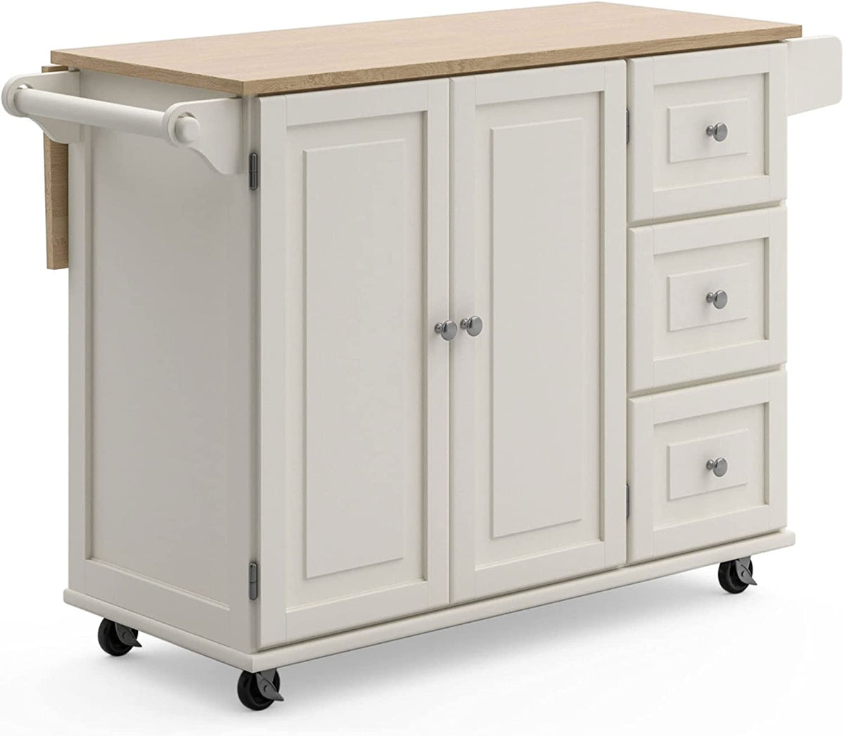 Off-white kitchen island cart with hardwood top, angled front-left view showing drawers, doors and casters