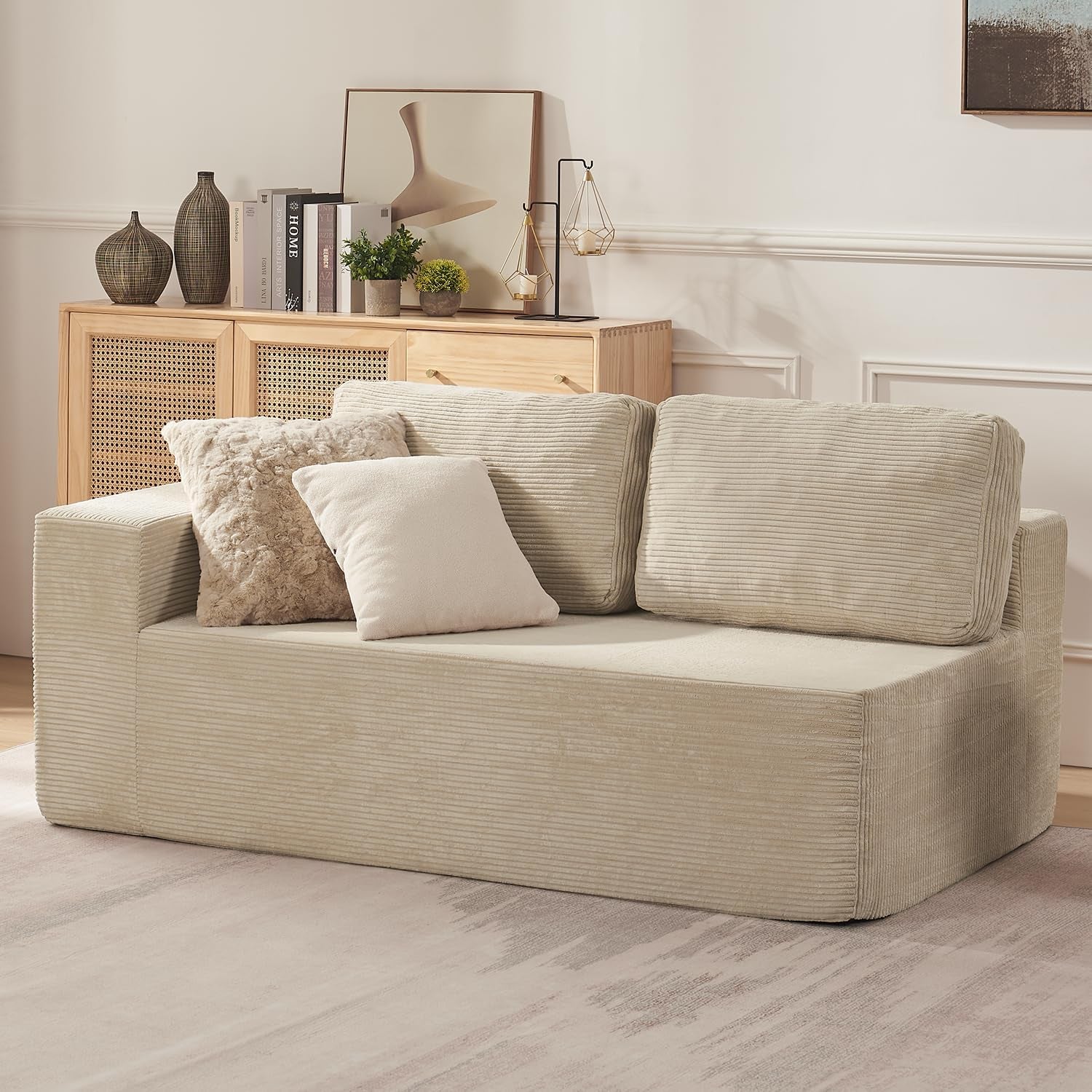 Furnify 136" Cloud Sectional Couch, Left/Right Facing Convertible Sofa with Deep Seat, L-Shape Modular Upholstered Foam Couch for Living Room Bedroom, No Assembly Required (Corduroy Fabric, Beige)