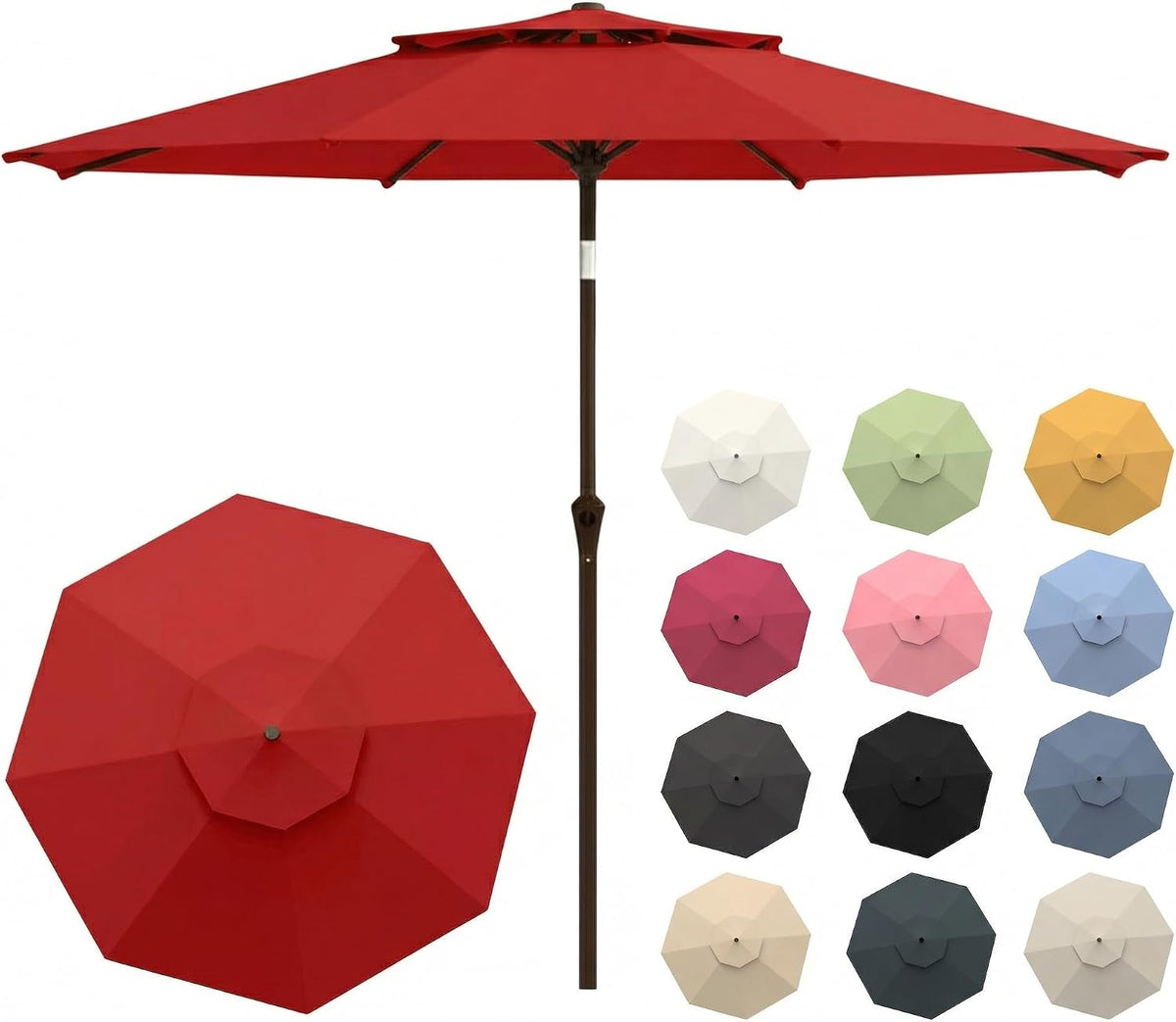 Red 10ft patio umbrella open on brown pole with vented top and a grid of alternative color samples at right