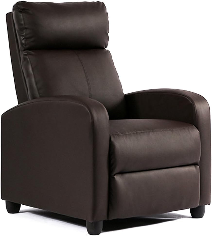 Brown PU recliner upright on a white background showing curved armrests and cushioned headrest from a side angle.