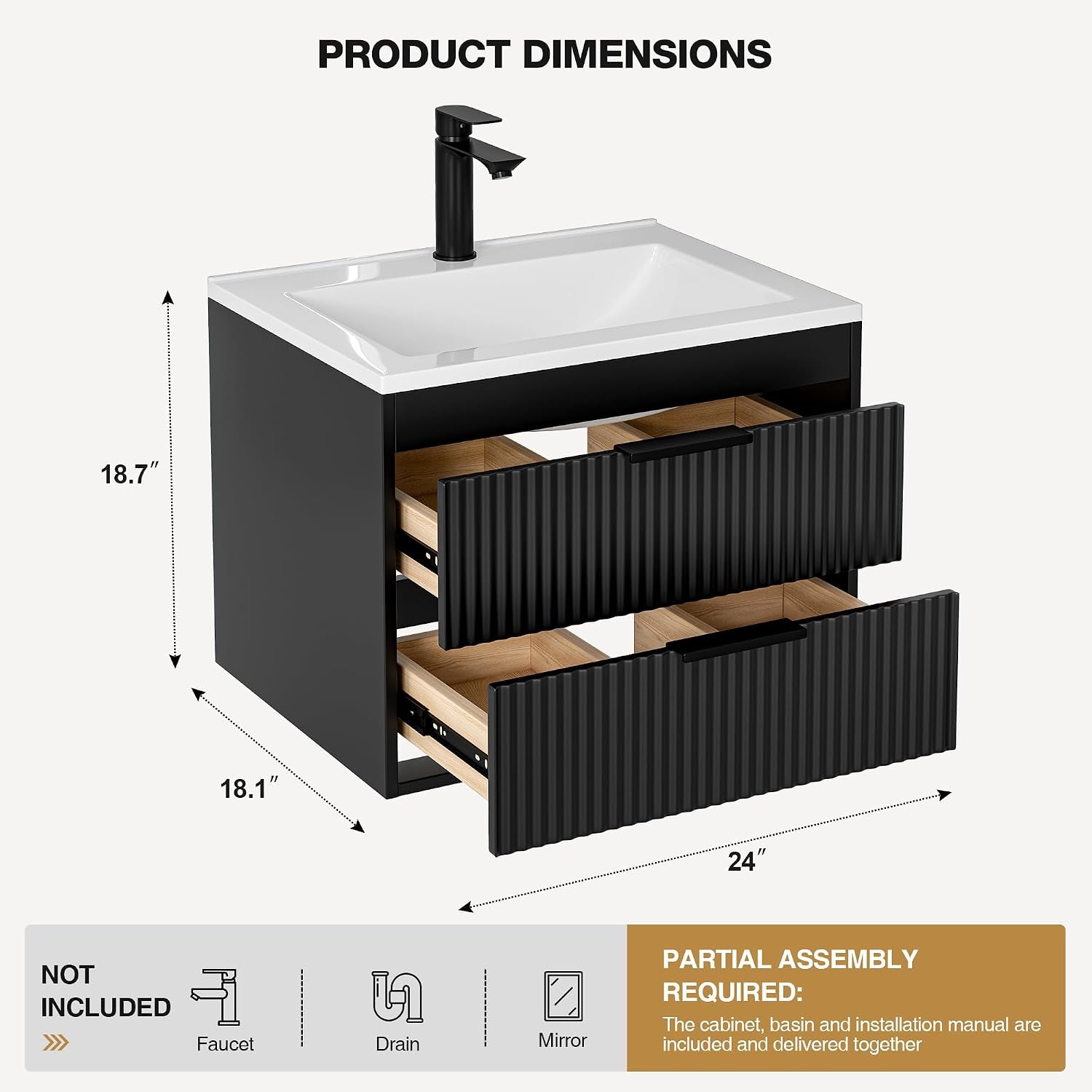 24-inch vanity diagram showing white resin sink and cabinet with 24" width and depth/height callouts