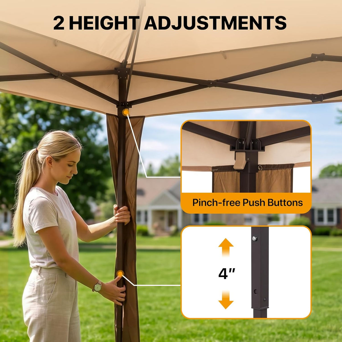 Person adjusting a gazebo leg showing the push-button height adjustment and an inset of the mechanism.