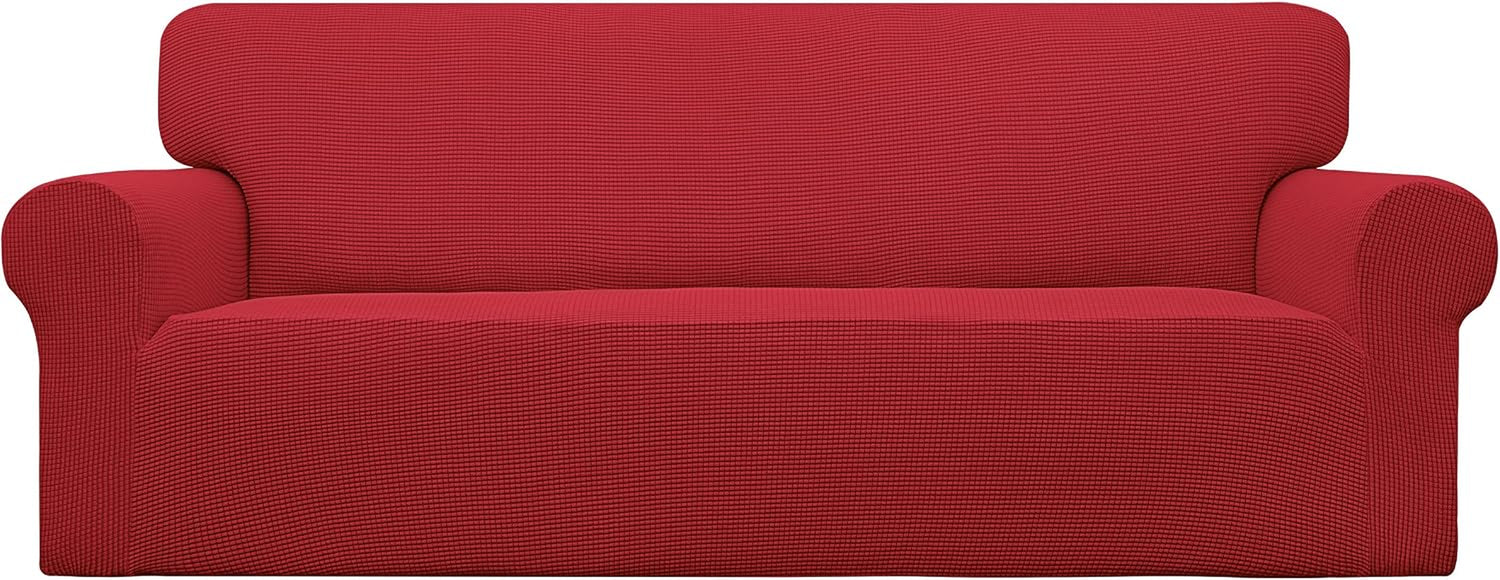 Front view of a two-cushion loveseat fitted with a textured red stretch slipcover.