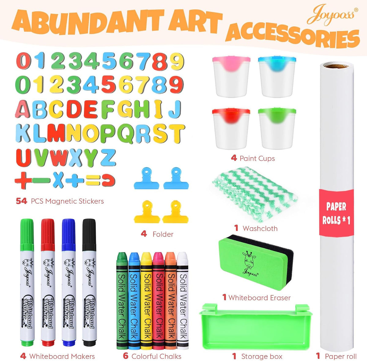 Neatly arranged art accessories: magnetic letters, four paint cups, markers, crayons and a roll of paper.