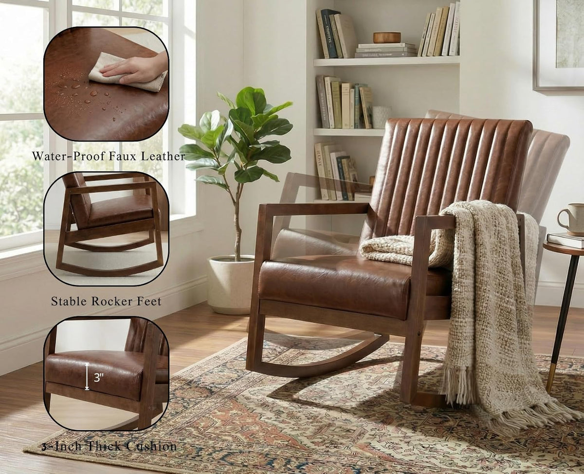 Brown faux leather rocker in a room with insets showing water beading, stable rocker feet, and 3-inch cushion