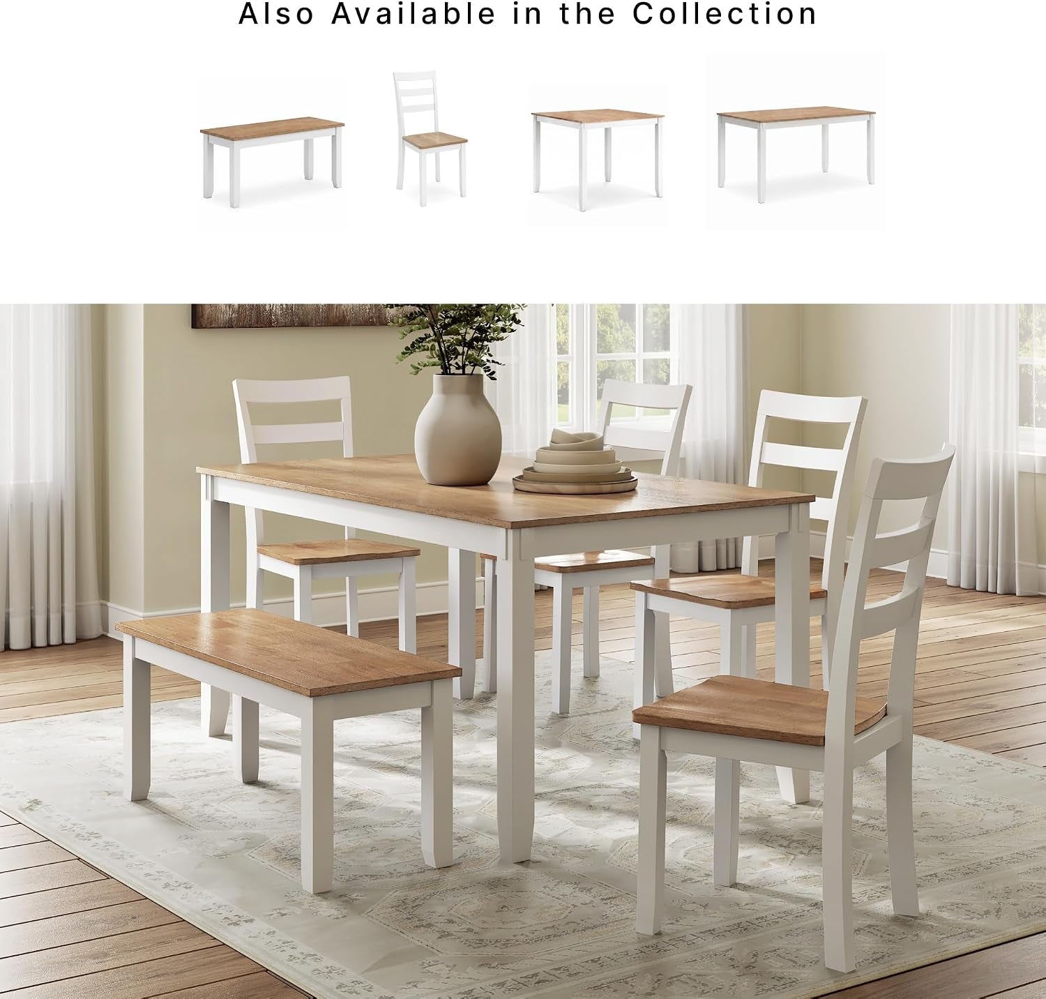 Dining set staged in a bright room: table, bench and four chairs with white frames and wood tops.