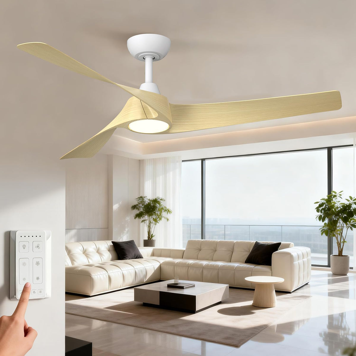 Ceiling fan with three pale wood blades and round light over a modern bright living room.