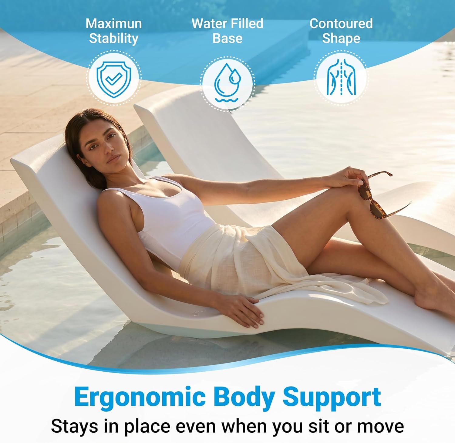 White contoured pool lounger with a person reclining on a shallow ledge, close lifestyle shot highlighting ergonomic support