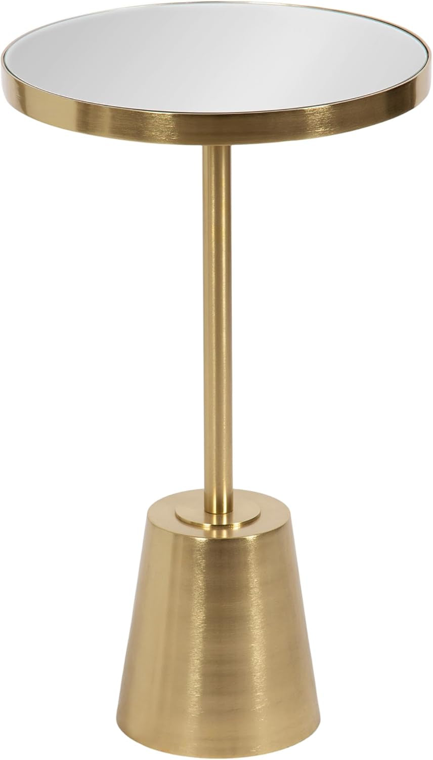 Gold finish round side table with mirrored top, front view on a white background