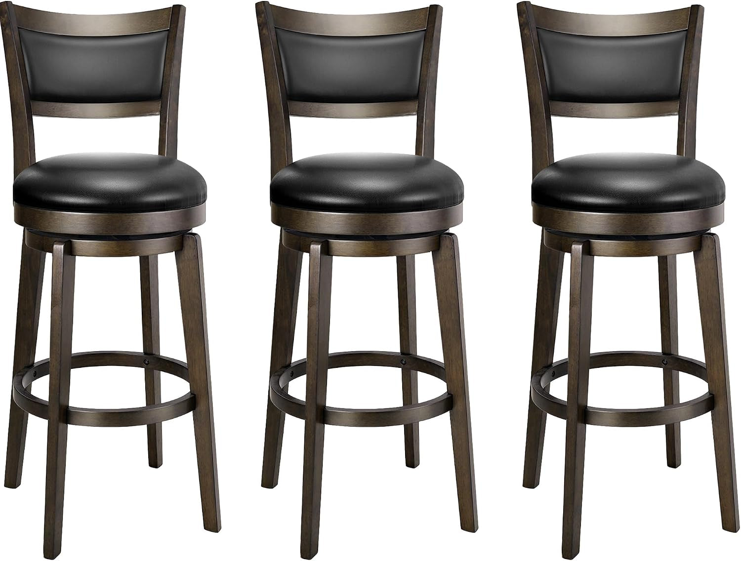 Three identical swivel bar stools in a row showing consistent high backs, seats, and circular foot rails.