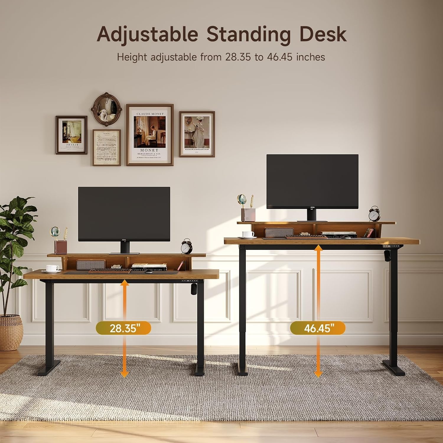 Adjustable standing desk in oak brown shown at low and high heights with 28.35–46.45" range indicated