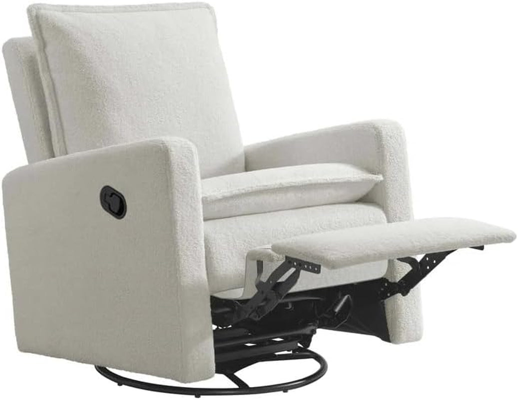 Side-angle view of the white glider recliner with its footrest extended showing the metal swivel base.