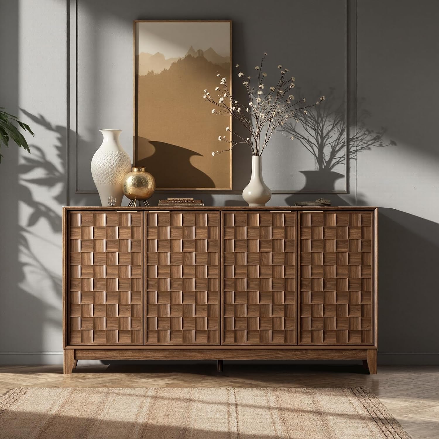 Walnut veneer 4-door sideboard front view with embossed checkerboard doors in a styled room