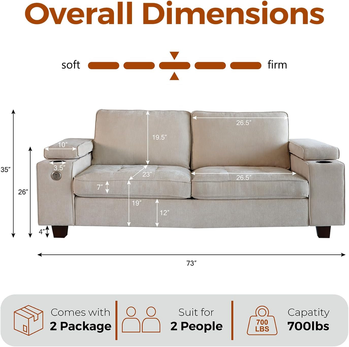 Front elevation diagram of 73-inch loveseat showing measurements, armrest and seat dimensions and 700 lb capacity