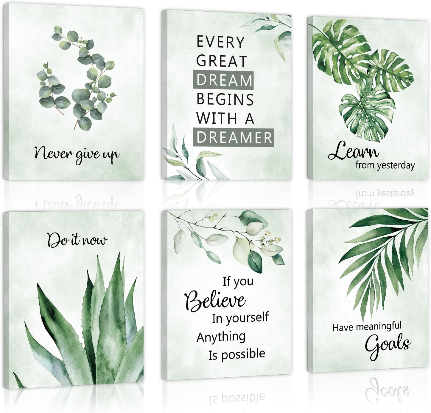 Six light-green botanical canvases featuring watercolor leaves and short encouraging phrases on a soft textured background.