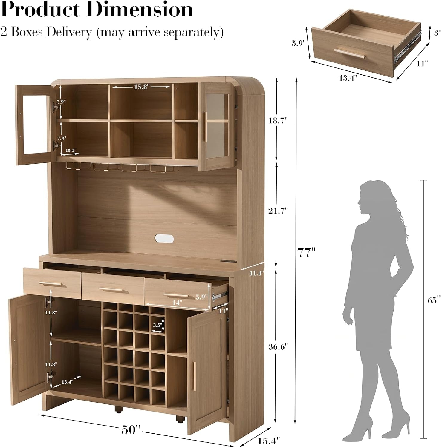 Dimension diagram showing open upper hutch, glass doors, drawers, wine-grid and overall 50"W × 15.4"D × 77"H measurements