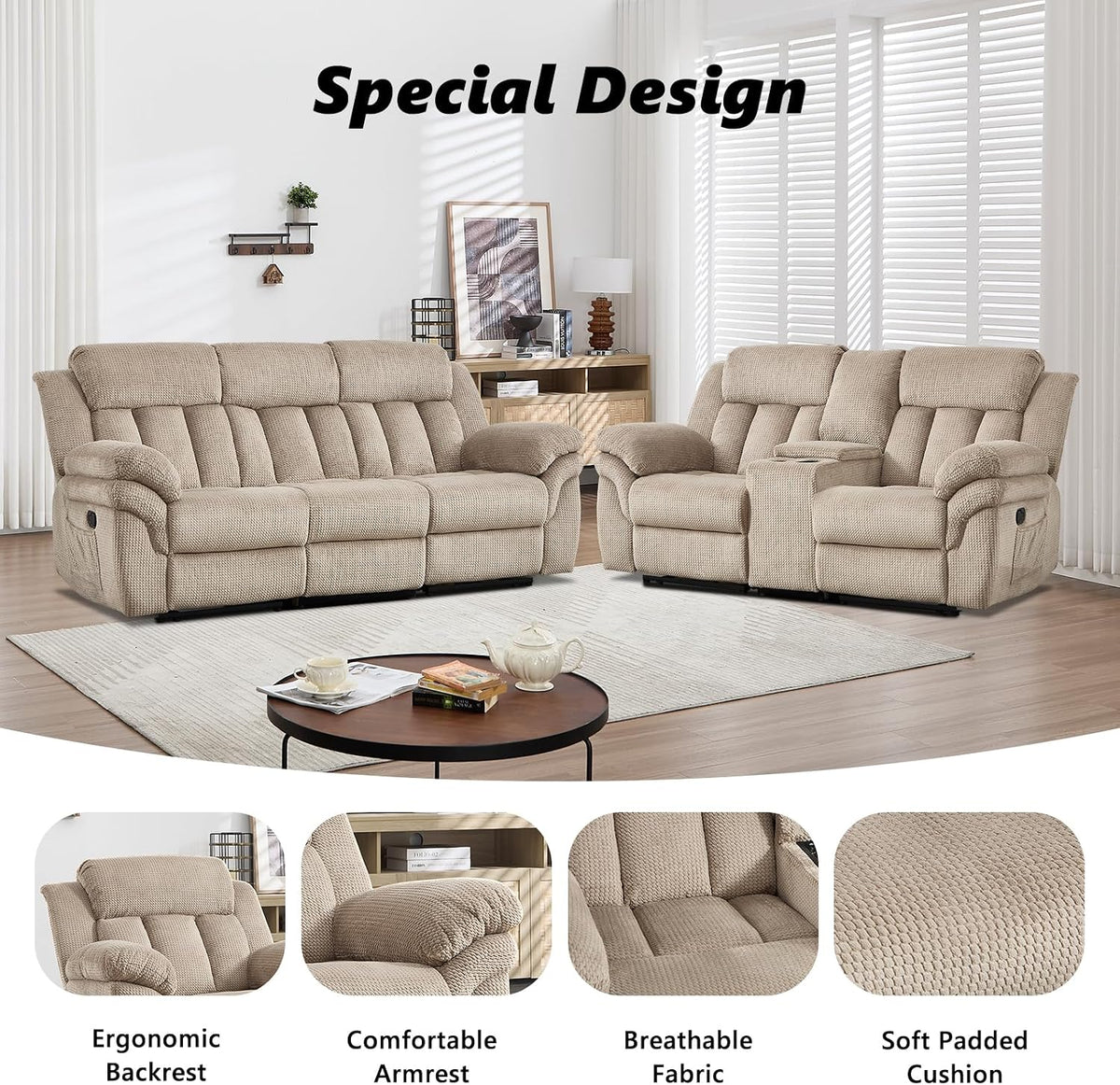 Close-up collage showing ergonomic backrest, padded armrest, and breathable fabric texture in light brown