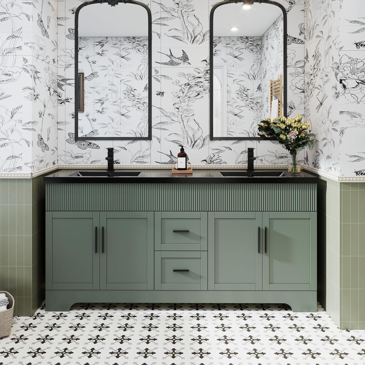 Wide front view of a green double-sink vanity with two black faucets and ribbed front panel