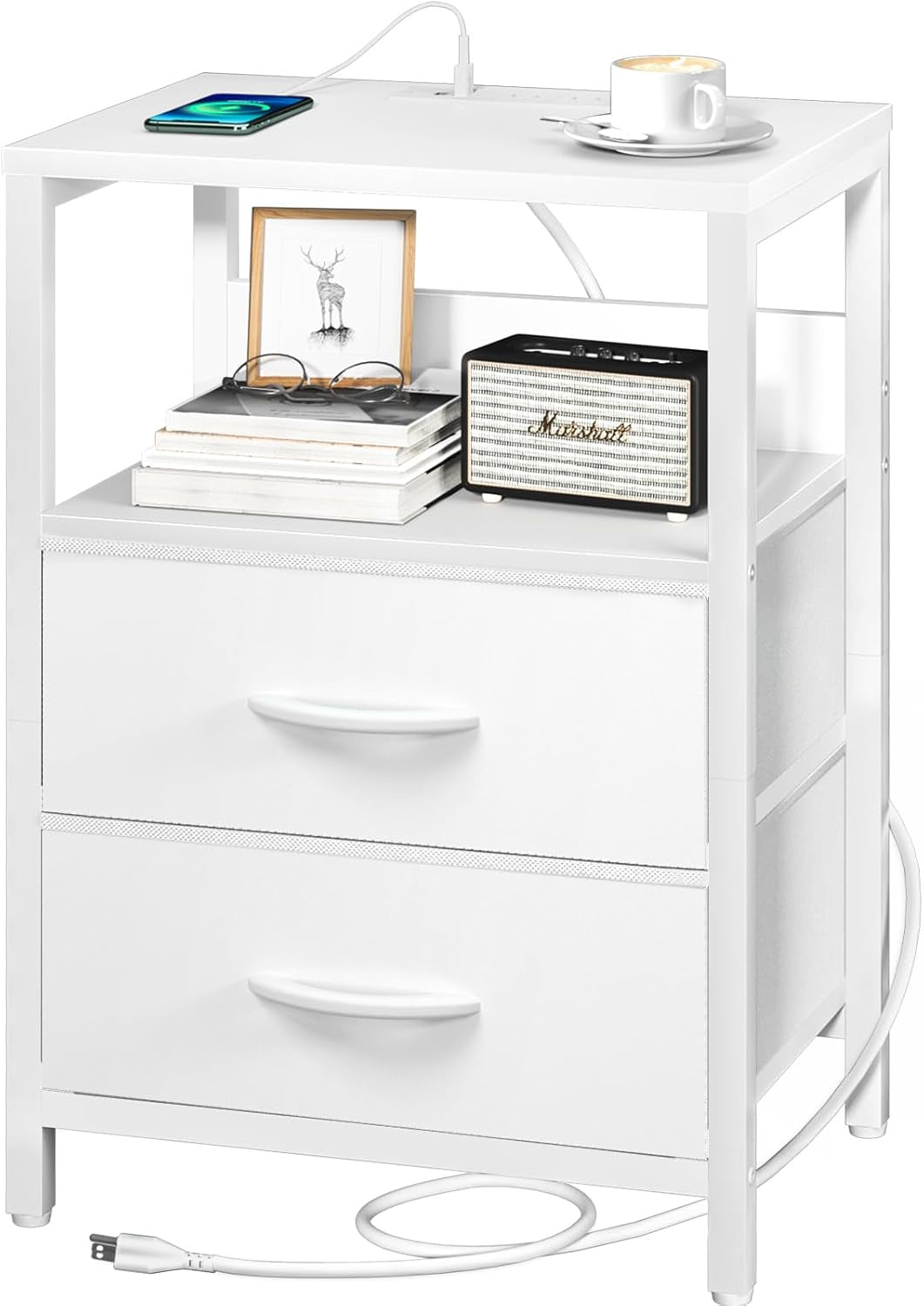White two-drawer nightstand showing open shelf, top charging port and visible cord