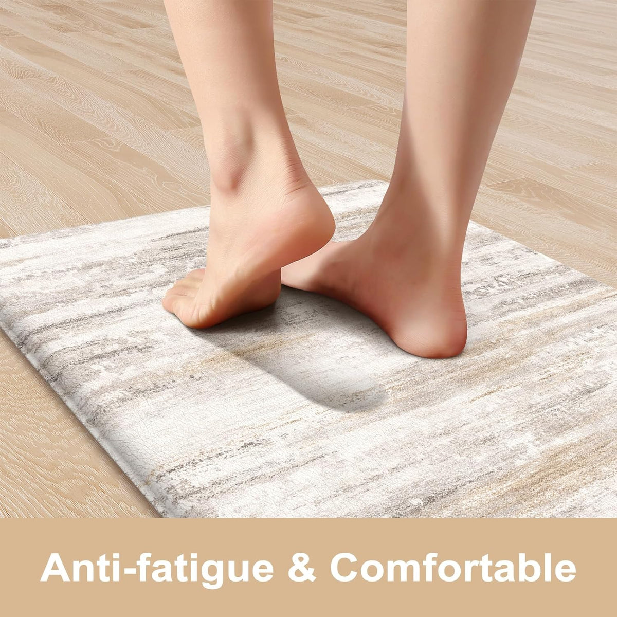 Close-up of two bare heels standing on a cushioned abstract-patterned mat on wood flooring
