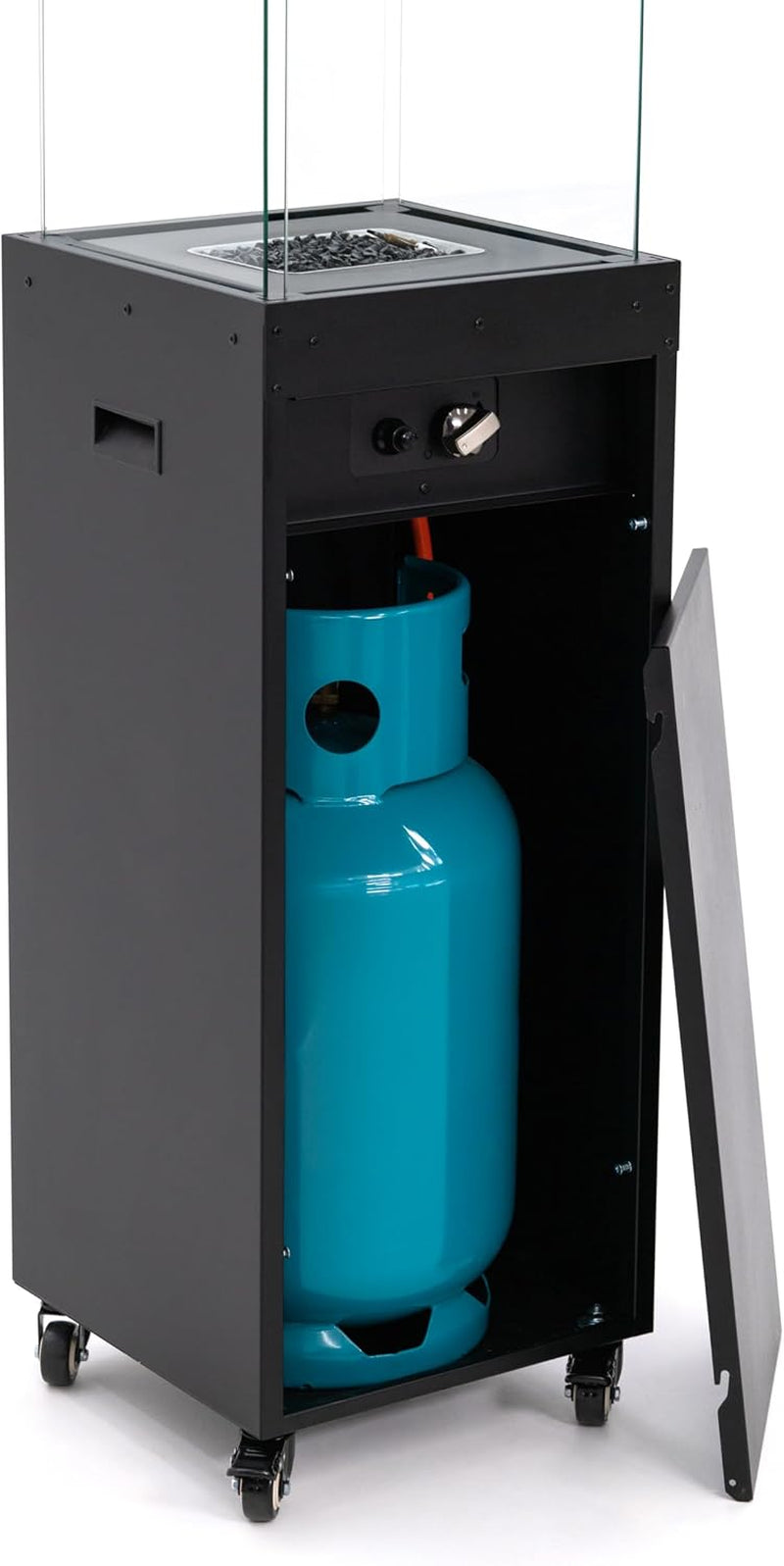 Close side view of the heater with front door open revealing a blue propane cylinder and caster wheels at the base.