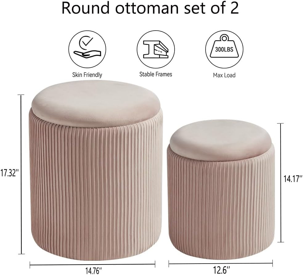 Diagram showing dimensions: larger ottoman 14.76 in W × 17.32 in H, smaller ottoman 12.6 in W × 14.17 in H.