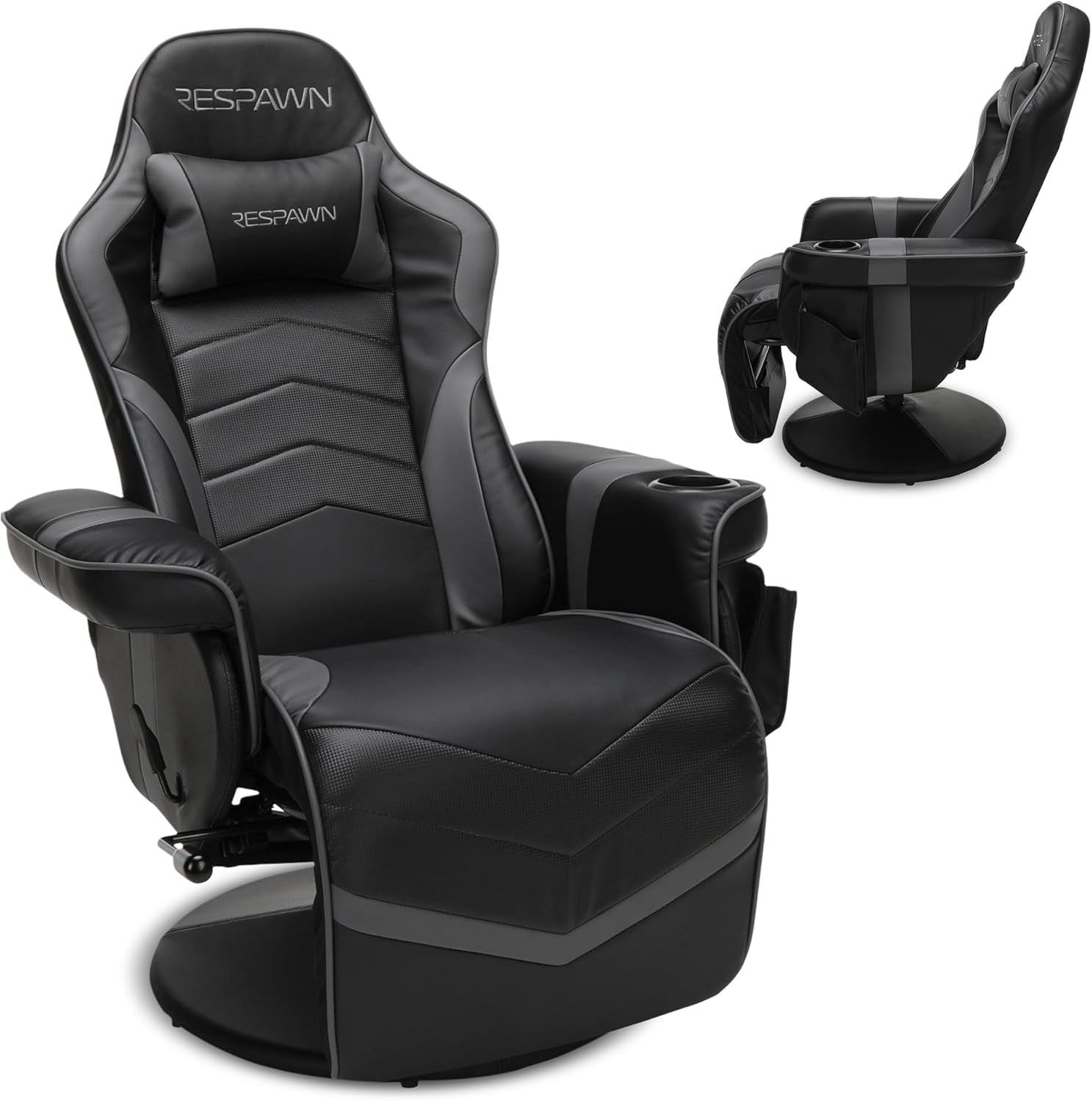 Black gaming recliner with gray trim, lumbar pillow, padded arms and cup holder; inset shows side view with footrest extended