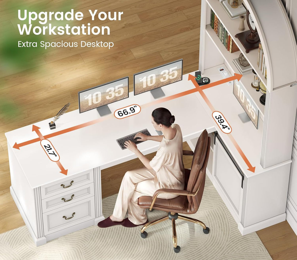 Right-side view showing the cabinet with sliding barn door, open lower shelves and the built-in 4-outlet/2-USB charging area
