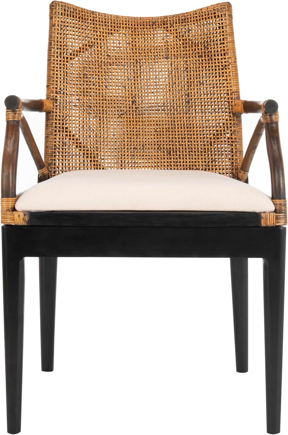 Front-facing view of rattan arm chair highlighting woven back and light cushion