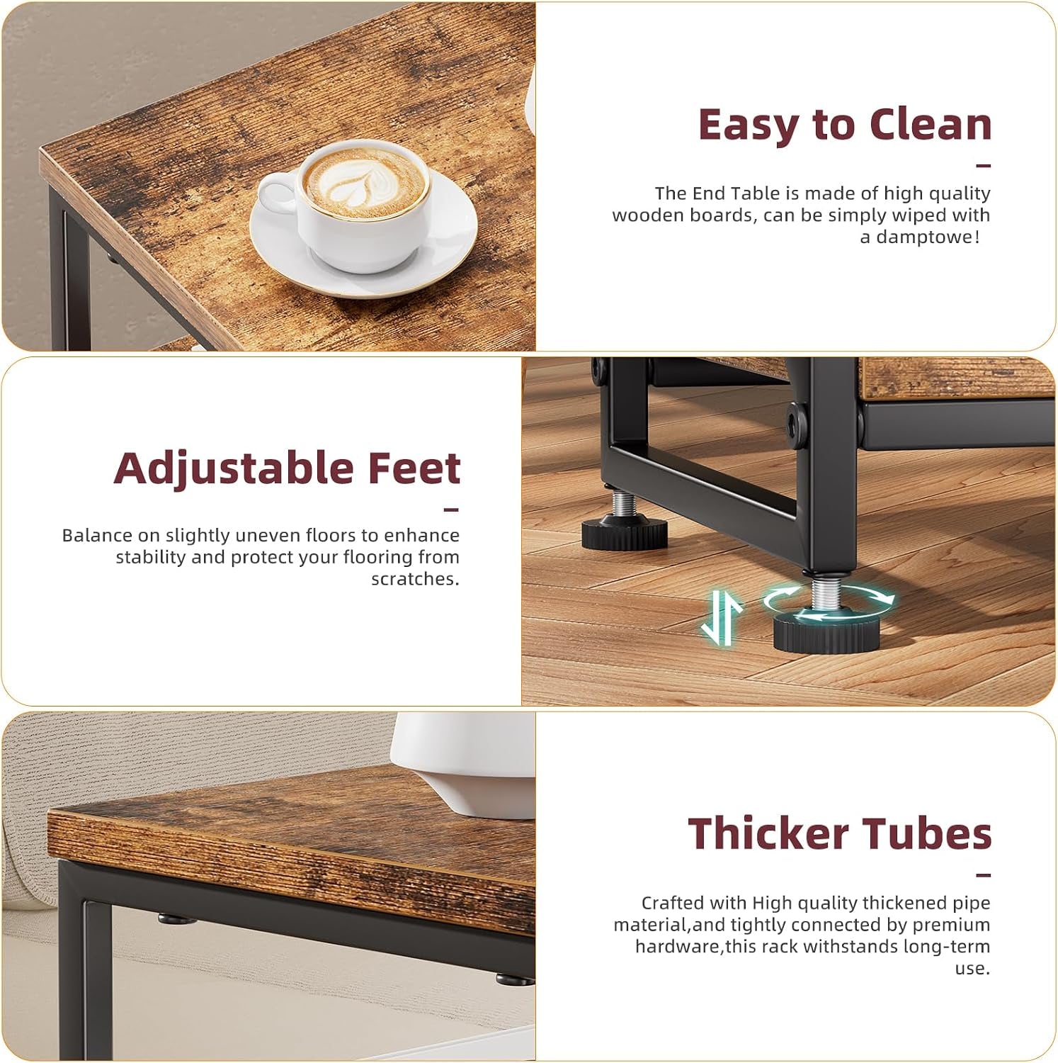 Detail shots and callouts showing wood tabletop texture, adjustable feet, and thicker metal tubes