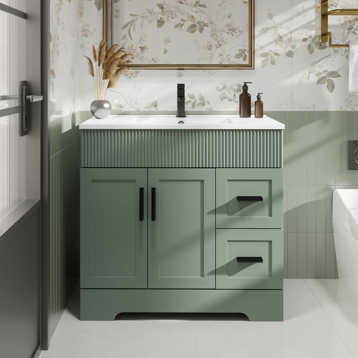 Close-up of green vanity sink area showing fluted apron, white undermount sink and black faucet