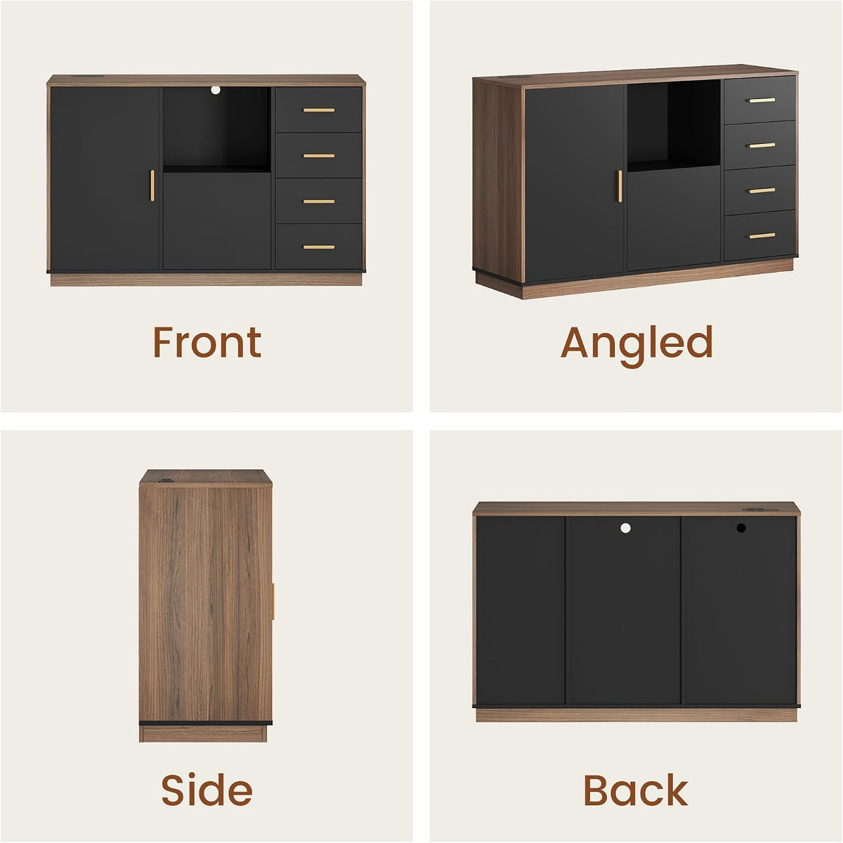 Four-panel studio images showing front, angled, side and back views of the cabinet on a neutral background.