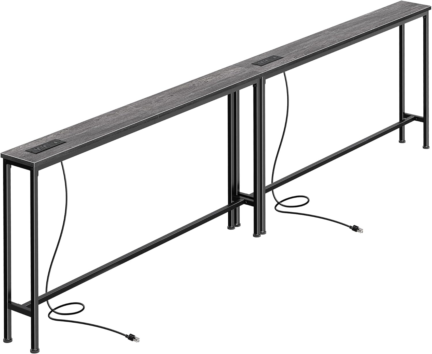 Long narrow console table with gray wood top, black metal frame and visible power cord.