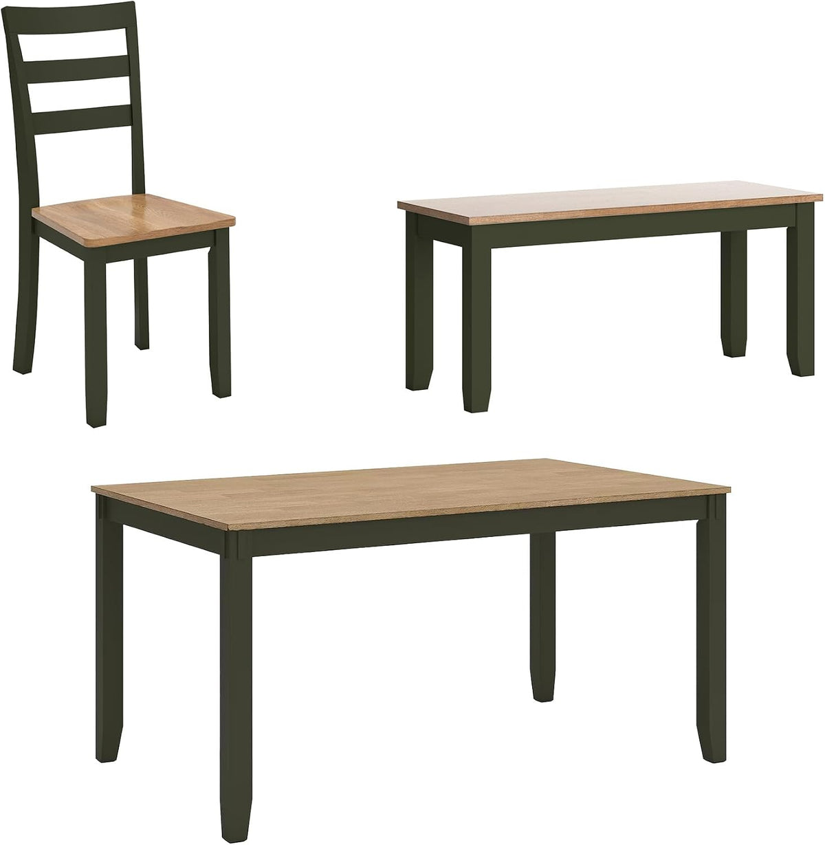 Single ladder-back chair, bench, and rectangular table shown separately in olive-green frames with natural wood tops.